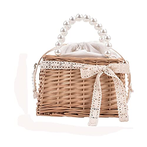 ZHYLing Handmade Woven Purse Wicker Beach Handbag Fashion Women Pure Color Rattan Woven Pearl Basket Handbag Mini Tote Lunch Bags (Color : 4)