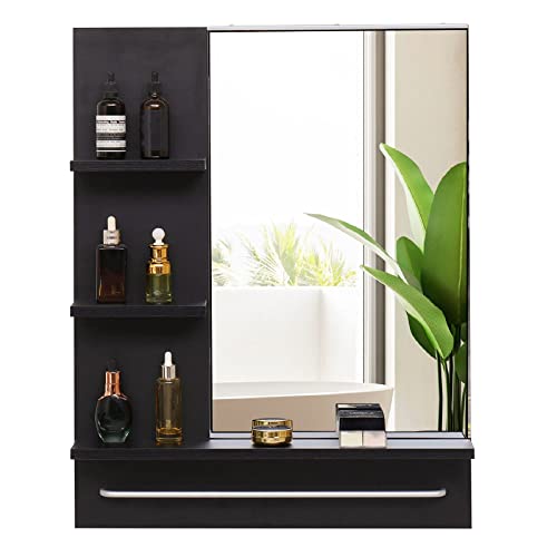 Muzilife Bathroom Medicine Cabinet with Mirror Wall Medicine Cabinet Storage, Over Toilet Storage Cabinet for Bathroom Laundry Room Kitchen - 3 Fixed Shelves, 1 Aluminum Towel Rack, Black