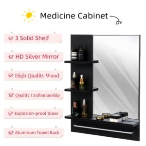 Muzilife Bathroom Medicine Cabinet with Mirror Wall Medicine Cabinet Storage, Over Toilet Storage Cabinet for Bathroom Laundry Room Kitchen - 3 Fixed Shelves, 1 Aluminum Towel Rack, Black