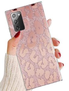 j.west for samsung galaxy note 20 case 6.7 inch,luxury saprkle bling glitter leopard print design soft metallic slim protective phone cases for women girls clear tpu bumper silicone cover rose gold
