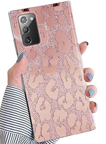 J.west for Samsung Galaxy Note 20 Case 6.7 inch,Luxury Saprkle Bling Glitter Leopard Print Design Soft Metallic Slim Protective Phone Cases for Women Girls Clear TPU Bumper Silicone Cover Rose Gold
