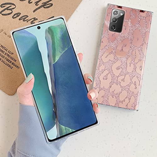 J.west for Samsung Galaxy Note 20 Case 6.7 inch,Luxury Saprkle Bling Glitter Leopard Print Design Soft Metallic Slim Protective Phone Cases for Women Girls Clear TPU Bumper Silicone Cover Rose Gold