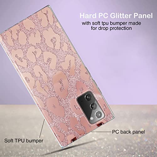 J.west for Samsung Galaxy Note 20 Case 6.7 inch,Luxury Saprkle Bling Glitter Leopard Print Design Soft Metallic Slim Protective Phone Cases for Women Girls Clear TPU Bumper Silicone Cover Rose Gold