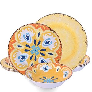 12 piece melamine dinnerware sets service for 4 - includes 4 dinner plates 4 salad plates and 4 bowls made of a5 melamine use at home & outdoor dining, picnic, camping and rvs - mayan style yellow