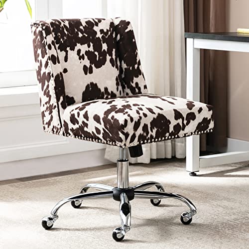 Hyfirm Home Office Desk Chair with Wheels, Modern Rolling Task Chair for Bedroom/Computer/Studing/Small Spaces, Teen Girls Comfy Fabric Armless Desk Chair, Cow