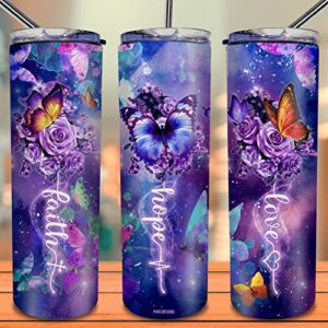 purple butterfly style butterfly lover inspiration motivational love faith hope tumbler cup with lid, double wall vacuum thermos insulated travel coffee mug or gym fitness travel office use 20oz