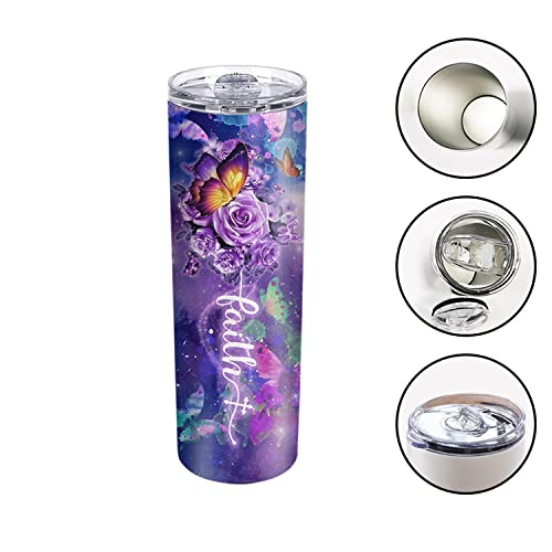 Purple Butterfly Style Butterfly Lover Inspiration Motivational Love Faith Hope Tumbler Cup with Lid, Double Wall Vacuum Thermos Insulated Travel Coffee Mug or Gym Fitness Travel Office Use 20oz