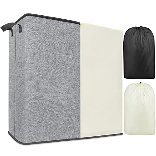 Large Hampers for Laundry 2 Compartment, Dual Laundry Hamper 2 section for Storage and Sorter, Collapsible Double Laundry Hamper with 2 Removable Laundry Bags for Bedroom, Dorm Room, College