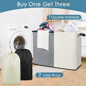 Large Hampers for Laundry 2 Compartment, Dual Laundry Hamper 2 section for Storage and Sorter, Collapsible Double Laundry Hamper with 2 Removable Laundry Bags for Bedroom, Dorm Room, College