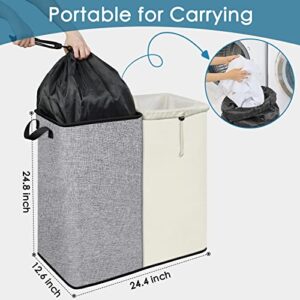 Large Hampers for Laundry 2 Compartment, Dual Laundry Hamper 2 section for Storage and Sorter, Collapsible Double Laundry Hamper with 2 Removable Laundry Bags for Bedroom, Dorm Room, College