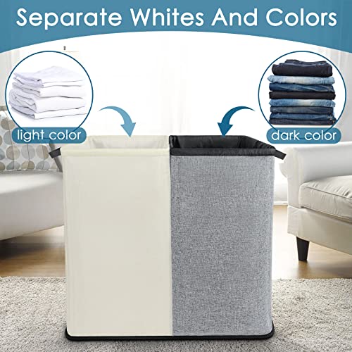 Large Hampers for Laundry 2 Compartment, Dual Laundry Hamper 2 section for Storage and Sorter, Collapsible Double Laundry Hamper with 2 Removable Laundry Bags for Bedroom, Dorm Room, College