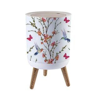 small trash can with lid seamless floral with hand drawn hummingbirds tropical japanese flowers round recycle bin press top dog proof wastebasket for kitchen bathroom bedroom office 7l/1.8 gallon