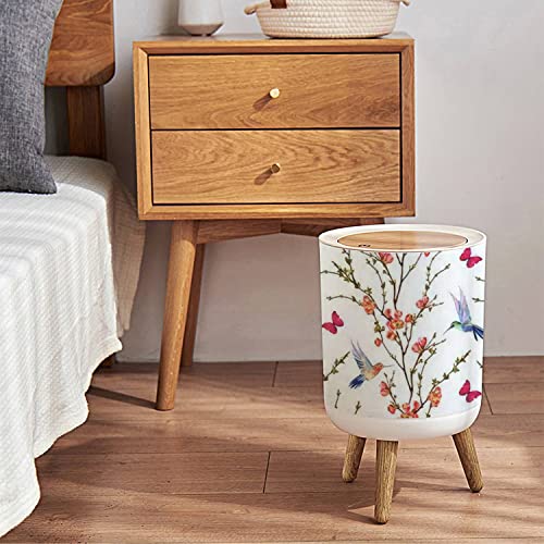 Small Trash Can with Lid Seamless Floral with Hand Drawn Hummingbirds Tropical Japanese Flowers Round Recycle Bin Press Top Dog Proof Wastebasket for Kitchen Bathroom Bedroom Office 7L/1.8 Gallon