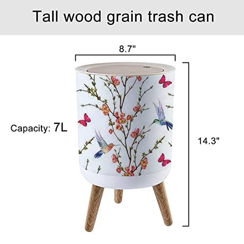 Small Trash Can with Lid Seamless Floral with Hand Drawn Hummingbirds Tropical Japanese Flowers Round Recycle Bin Press Top Dog Proof Wastebasket for Kitchen Bathroom Bedroom Office 7L/1.8 Gallon