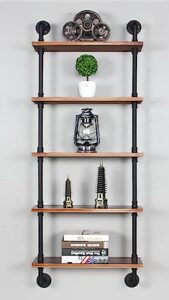 industrial pipe shelving, 24inch pipe shelves with wood planks, 5 tier floating shelves wall mounted steampunk real wood book shelves, retro rustic industrial shelf for bar kitchen living room