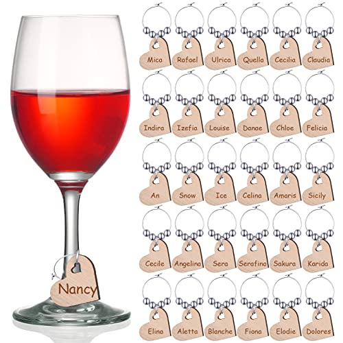 Chinco 30 Pieces Thanksgiving Wooden Wine Charms for Stem Glasses Heart Shaped Drink Marker Tags Funny Wine Themed Party Decorations DIY Wine Glass Charms with Pen for Wedding