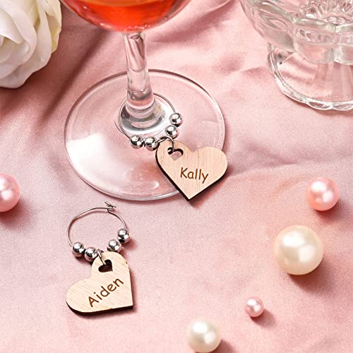Chinco 30 Pieces Thanksgiving Wooden Wine Charms for Stem Glasses Heart Shaped Drink Marker Tags Funny Wine Themed Party Decorations DIY Wine Glass Charms with Pen for Wedding