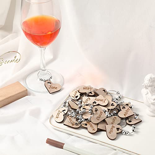 Chinco 30 Pieces Thanksgiving Wooden Wine Charms for Stem Glasses Heart Shaped Drink Marker Tags Funny Wine Themed Party Decorations DIY Wine Glass Charms with Pen for Wedding