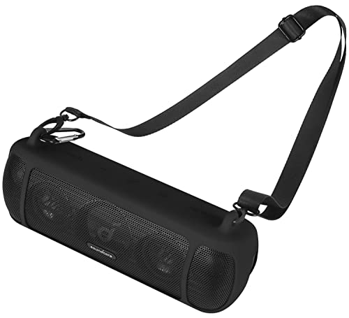 Geiomoo Silicone Carrying Case Compatible with Anker Soundcore Motion+, Portable Cover with Shoulder Strap and Carabiner (Black)