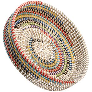 soujoy 12'' woven seagrass serving tray, rattan serving tray, handmade round ottoman fruit tray, colorful coffee table decorative tray for bread, tea, breakfast, coffee, drinks, snack, wall decor
