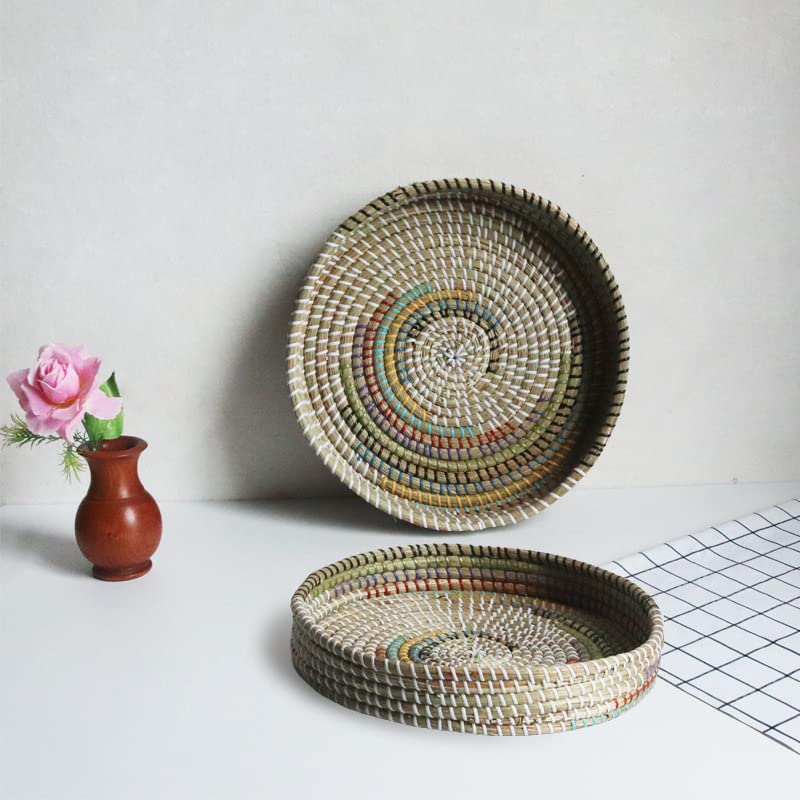 SOUJOY 12'' Woven Seagrass Serving Tray, Rattan Serving Tray, Handmade Round Ottoman Fruit Tray, Colorful Coffee Table Decorative Tray for Bread, Tea, Breakfast, Coffee, Drinks, Snack, Wall Decor