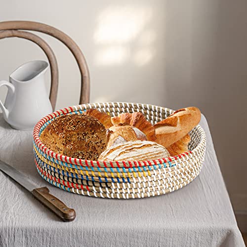 SOUJOY 12'' Woven Seagrass Serving Tray, Rattan Serving Tray, Handmade Round Ottoman Fruit Tray, Colorful Coffee Table Decorative Tray for Bread, Tea, Breakfast, Coffee, Drinks, Snack, Wall Decor