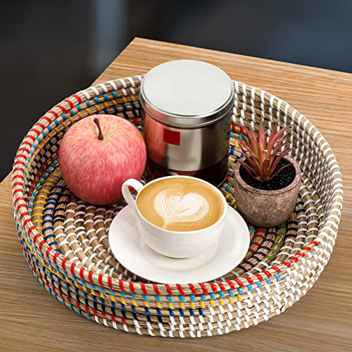 SOUJOY 12'' Woven Seagrass Serving Tray, Rattan Serving Tray, Handmade Round Ottoman Fruit Tray, Colorful Coffee Table Decorative Tray for Bread, Tea, Breakfast, Coffee, Drinks, Snack, Wall Decor