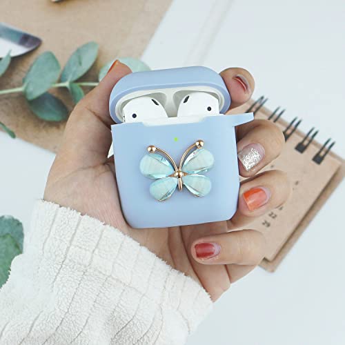 Wonhibo Cute Butterfly Airpods Case, Silicone Girls Blue Designer Cover for Apple Airpod 1 & 2 with Keychain