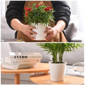 Qaobo Plant Pots 6 PCS 5 inch Self Watering Planters High Drainage Flowers Pot for Indoor Outdoor Plants with Reservoir Tray and Watering Lip Gardening Planter Garden Flower Pots, White