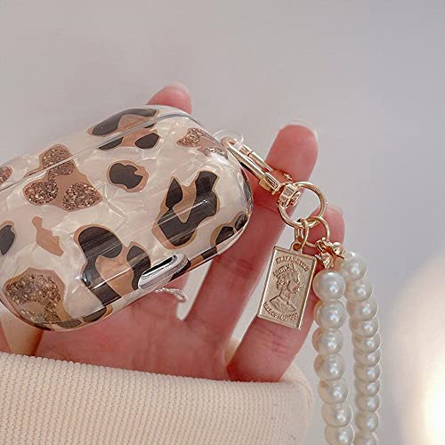 SAMTANY Airpods Pro 2019 Case Cover with Pearl Keychain Airpods Accessories Skin Cover for Women Girl Earbuds Case Protective Cover for Apple Airpods Pro Charging Case (Leopard)