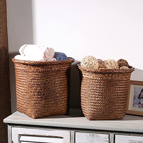 Kisangel Storage Container 1Pc Stainless Steel Trash can Straw Woven Wastebasket Vintage Waste Can Office Waste Basket Storage Kitchen Trash can Basket Bathroom Trash cans with lids Waste Paper Bin