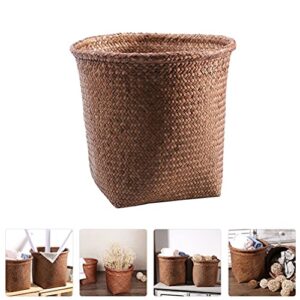 Kisangel Storage Container 1Pc Stainless Steel Trash can Straw Woven Wastebasket Vintage Waste Can Office Waste Basket Storage Kitchen Trash can Basket Bathroom Trash cans with lids Waste Paper Bin