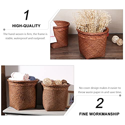 Kisangel Storage Container 1Pc Stainless Steel Trash can Straw Woven Wastebasket Vintage Waste Can Office Waste Basket Storage Kitchen Trash can Basket Bathroom Trash cans with lids Waste Paper Bin