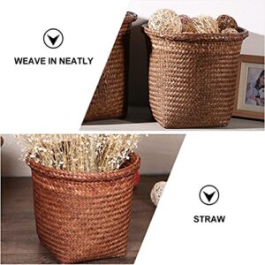 Kisangel Storage Container 1Pc Stainless Steel Trash can Straw Woven Wastebasket Vintage Waste Can Office Waste Basket Storage Kitchen Trash can Basket Bathroom Trash cans with lids Waste Paper Bin