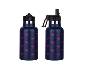 qisszion kids insulated bottle with handle & straw 12oz, vacuum stainless steel water bottles leakproof for school, bpa free flask metal thermos for boys & girls - flamingo