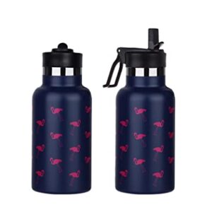 QISSZION Kids Insulated Bottle with Handle & Straw 12oz, Vacuum Stainless Steel Water Bottles Leakproof for School, BPA Free Flask Metal Thermos for Boys & Girls - Flamingo