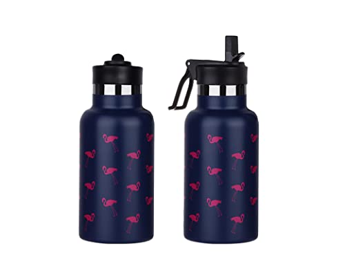 QISSZION Kids Insulated Bottle with Handle & Straw 12oz, Vacuum Stainless Steel Water Bottles Leakproof for School, BPA Free Flask Metal Thermos for Boys & Girls - Flamingo