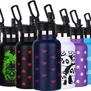 QISSZION Kids Insulated Bottle with Handle & Straw 12oz, Vacuum Stainless Steel Water Bottles Leakproof for School, BPA Free Flask Metal Thermos for Boys & Girls - Flamingo