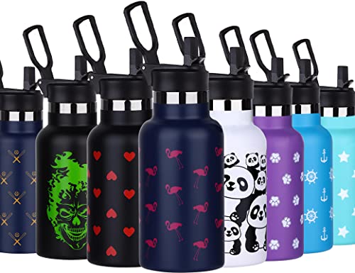 QISSZION Kids Insulated Bottle with Handle & Straw 12oz, Vacuum Stainless Steel Water Bottles Leakproof for School, BPA Free Flask Metal Thermos for Boys & Girls - Flamingo