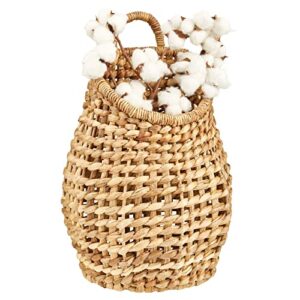 mdesign open weave water hyacinth hanging wall storage belly basket for flowers & essentials, decorative boho mounted organizer for pantry, closet, bathroom, and the door - natural/tan