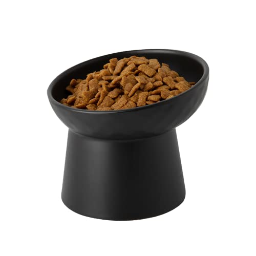 KITCHENLESTAR Small Ceramic Raised Cat Bowls, Tilted Elevated Food or Water Bowls, Stress Free, Backflow Prevention, Dishwasher and Microwave Safe, Lead & Cadmium Free(Black)