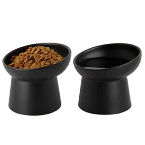 KITCHENLESTAR Small Ceramic Raised Cat Bowls, Tilted Elevated Food or Water Bowls, Stress Free, Backflow Prevention, Dishwasher and Microwave Safe, Lead & Cadmium Free(Black)