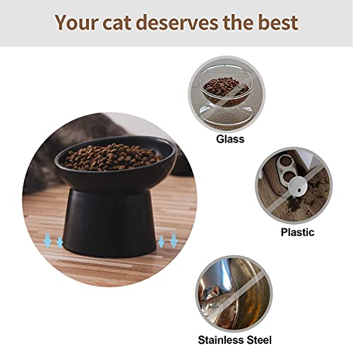 KITCHENLESTAR Small Ceramic Raised Cat Bowls, Tilted Elevated Food or Water Bowls, Stress Free, Backflow Prevention, Dishwasher and Microwave Safe, Lead & Cadmium Free(Black)