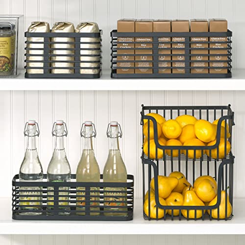 mDesign Modern Decor Flat Steel Wire Organizer Bin Basket - Storage for Kitchen Pantry, Bathroom, Laundry, Organizing Holder for Food, Coffee, Fruit, Blankets, Toys - Carson Collection - Matte Black