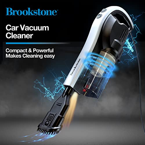 Brookstone BK1645, High Power 120W Wired Car Vacuum Cleaner with LED Flashlight, Strong Suction Force, Wet and Dry Use, Multiple Accessories Included, Silver