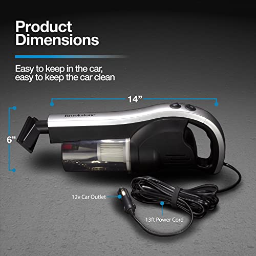 Brookstone BK1645, High Power 120W Wired Car Vacuum Cleaner with LED Flashlight, Strong Suction Force, Wet and Dry Use, Multiple Accessories Included, Silver