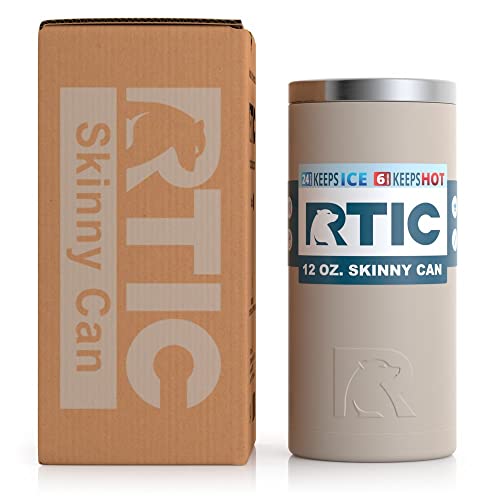 RTIC Skinny Can Cooler Slim, Insulated, Beer, Beverage, Soda Can Cooler with Lid, Stainless Steel Metal, Double Wall Insulation Coozie for Cans, Sweat Proof, Fits all 12oz Slim Cans, Beach