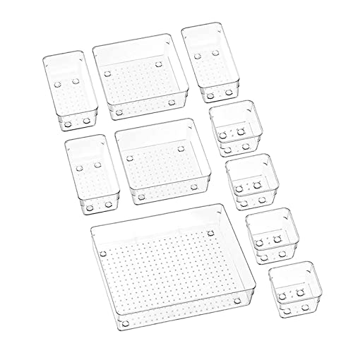 Maxrich 10 Pcs Clear Plastic Drawer Organizer Set,Bathroom Drawer Organizers,Desk Drawer Organizer Set for Makeup, Jewelries, Kitchen Utensils and Office