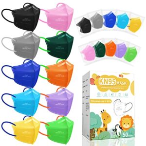 fenfen kids kn95 face mask disposable - children kn95 masks small size 5 layer protection breathable dust with elastic earloops girls boys 10 colors 50 pack individually wrapped mascarillas