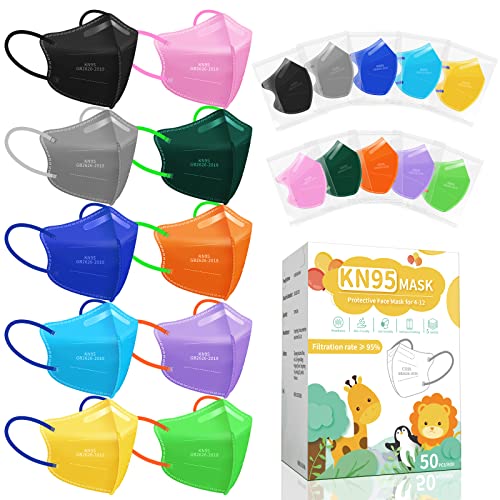 FENFEN Kids KN95 Face Mask Disposable - Children KN95 Masks Small Size 5 Layer Protection Breathable Dust with Elastic Earloops Girls Boys 10 Colors 50 Pack Individually Wrapped Mascarillas